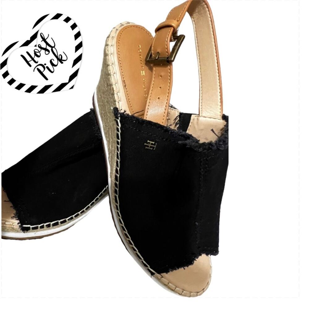 TOMMY HILFIGER YOLANDA Espadrille Wedge Heel Sandal Black Canvas Shoe 11M NEW